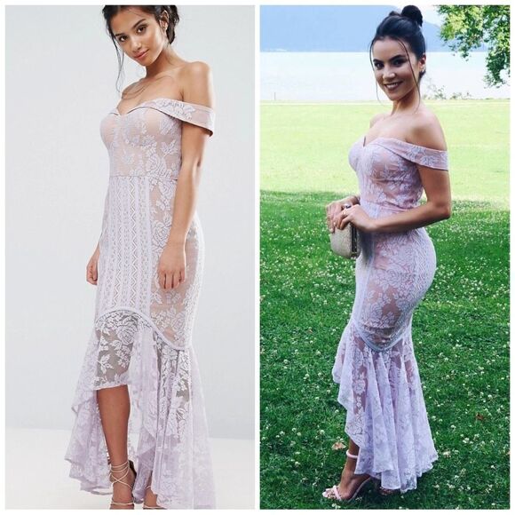 Jarlo All Over Lace Off Shoulder Fishtail Dress Lavender - Picture 1 of 5